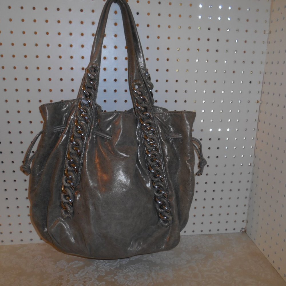 MICHAELS KORS ID CHAIN LEATHER SILVER LG HANDBAG - Picture 3 of 7